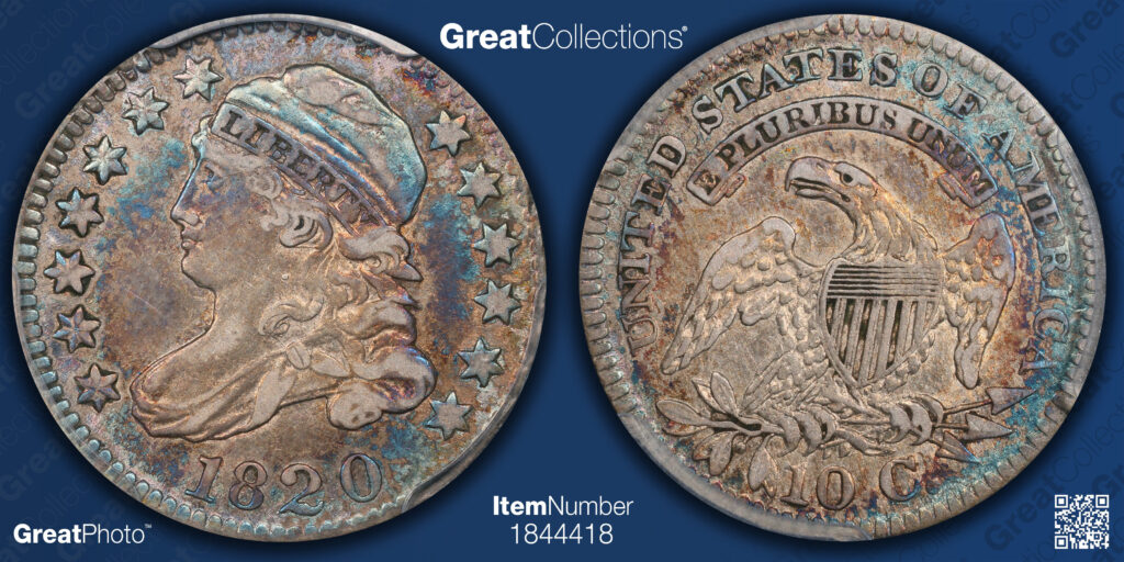GreatCollections GreatPhoto of the obverse and reverse of a raw 1820 capped bust dime.
