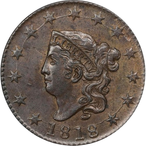 The obverse of a raw 1818 Matron Head Large Cent.
