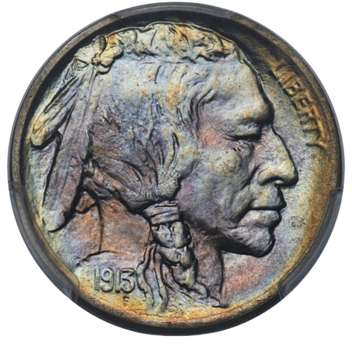 The obverse of a raw 1913 Buffalo Nickel, Type 1.