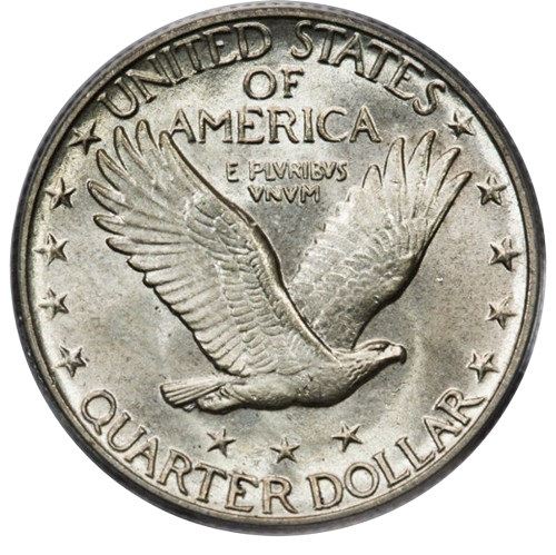 The reverse of a raw 1920-S Walking Liberty quarter.