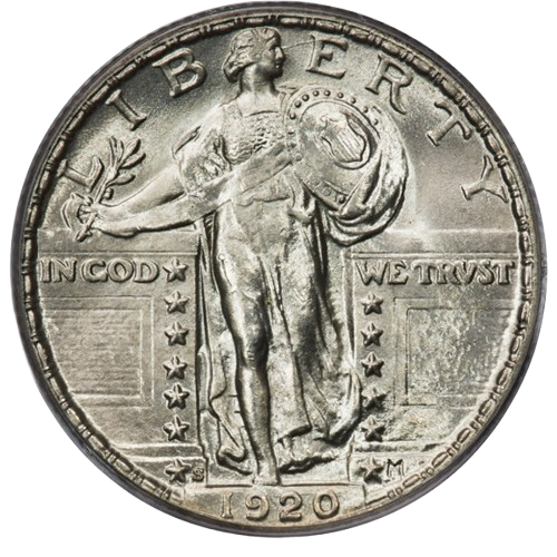 The obverse of a raw 1920-S Walking Liberty quarter.