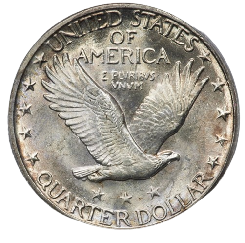 The reverse of a raw 1927-S Walking Liberty quarter.