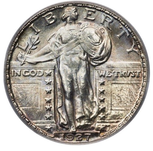 The obverse of a raw 1927-S Walking Liberty quarter.