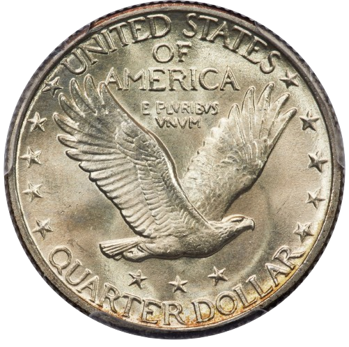 The reverse of a raw 1929 Walking Liberty quarter.