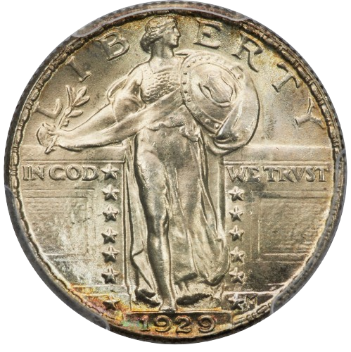 The obverse of a raw 1929 Walking Liberty quarter.