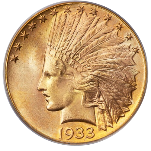 The obverse of a raw 1933 Indian $10 Gold piece.