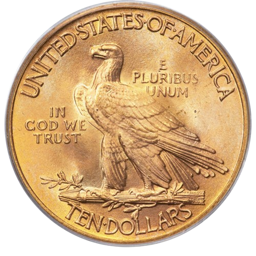 The reverse of a raw 1933 Indian $10 Gold piece.