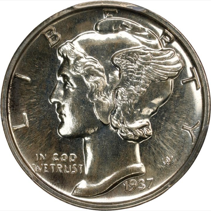 The obverse of a raw 1937 Mercury dime.