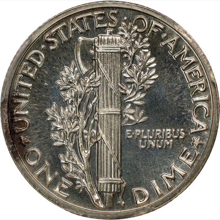 The reverse of a raw 1937 Mercury dime.