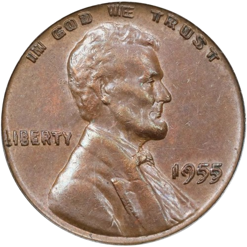 The obverse of a raw 1955 Lincoln cent with a doubled die obverse.