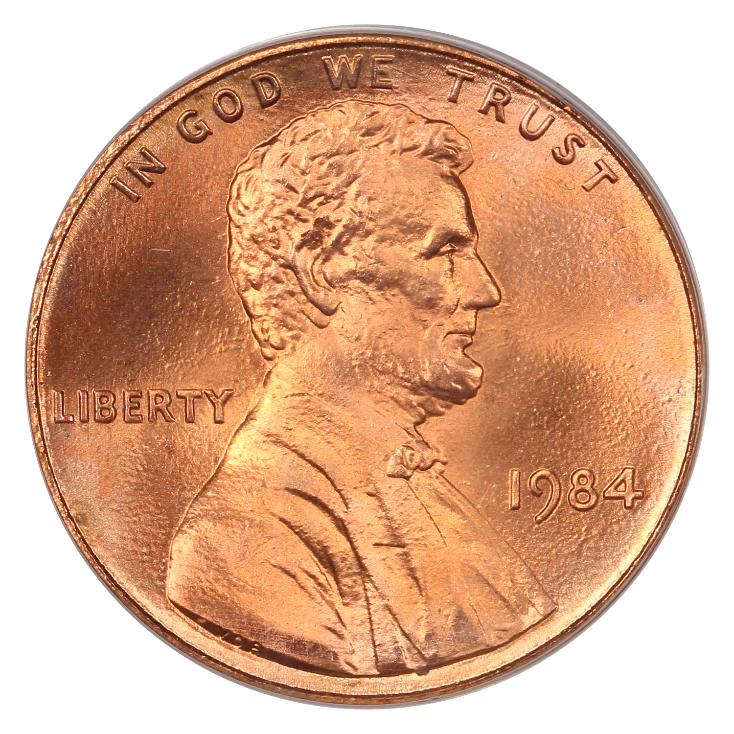 The obverse of a raw 1984 Lincoln cent, red, with a doubled die obverse.
