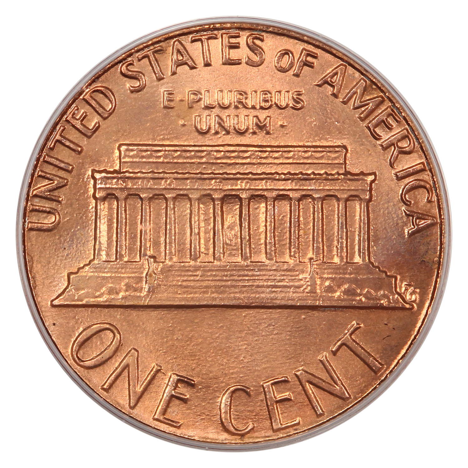 The reverse of a raw 1984 Lincoln cent, red, with a doubled die obverse.