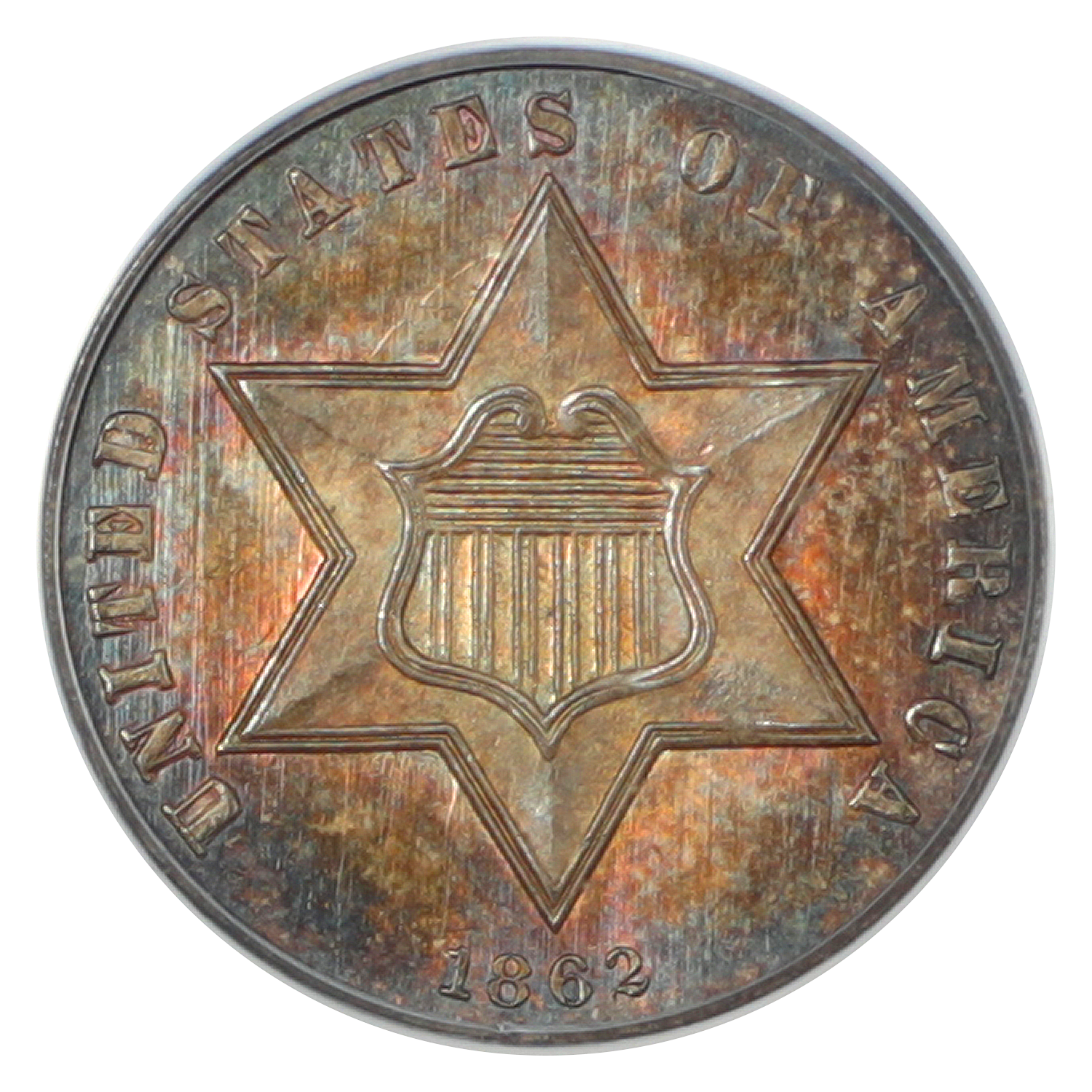 The obverse of a raw 1862 three-cent-silver.