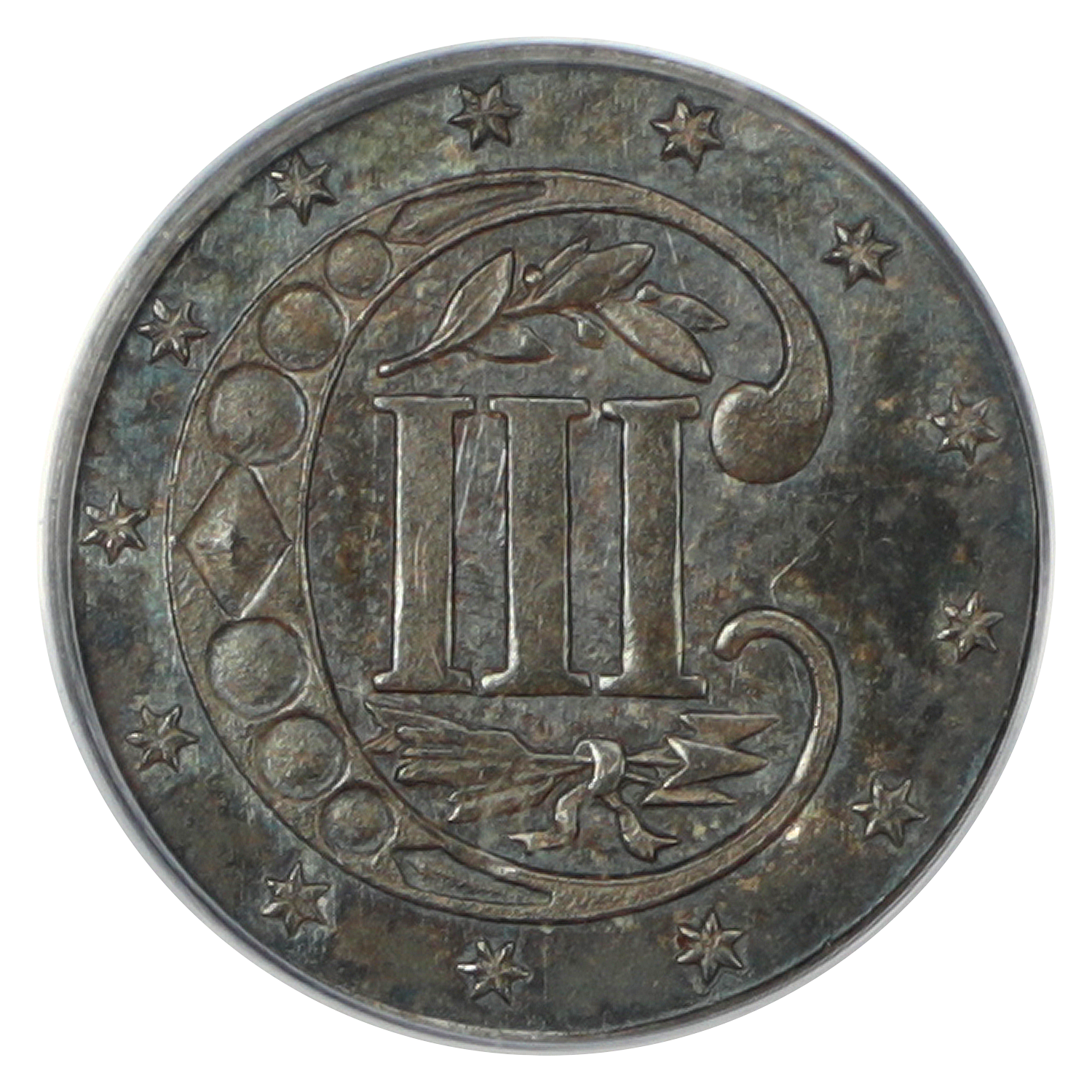The reverse of a raw 1862 three-cent-silver.