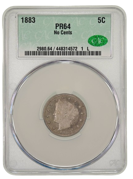 CACG Slab shot of the obverse of an 1883 'No Cents' Liberty "V" Nickel.