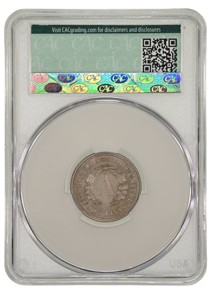 CACG Slab shot of the reverse of an 1883 'No Cents' Liberty "V" Nickel.