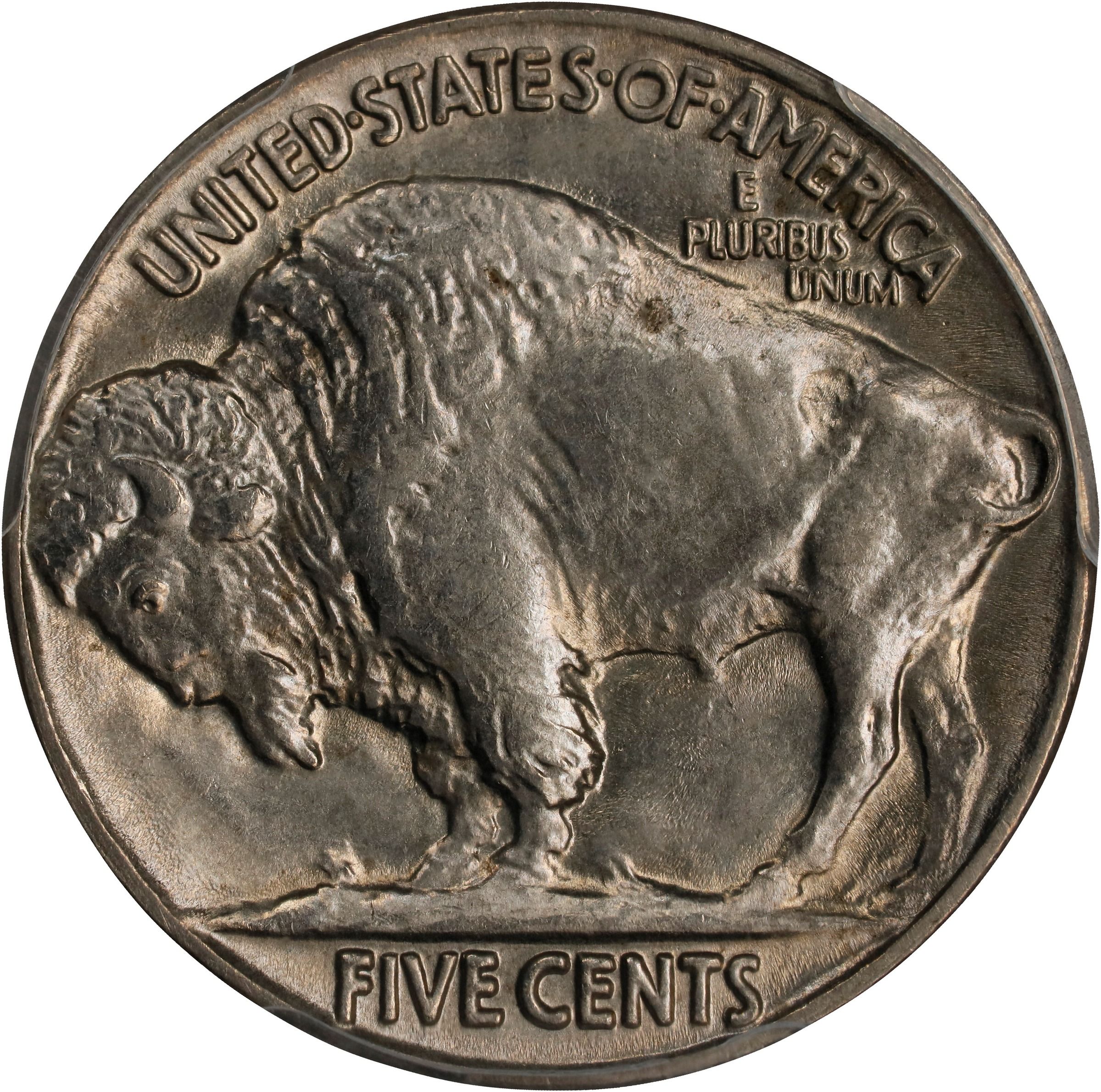 The reverse of a raw 1928 Buffalo nickel.