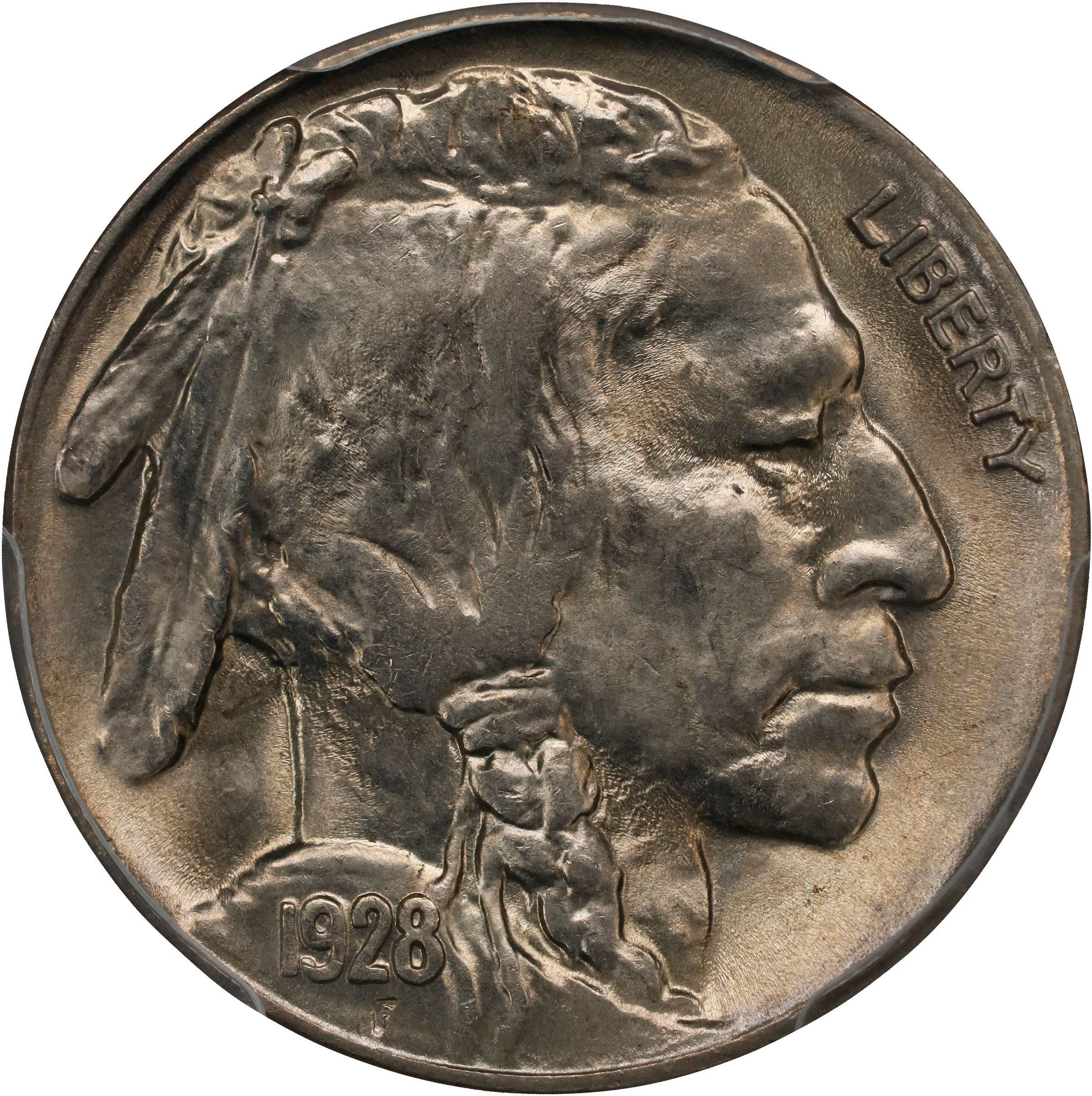 The obverse of a raw 1928 Buffalo nickel.