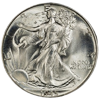 The obverse of a raw 1945 Walking Liberty Half Dollar.
