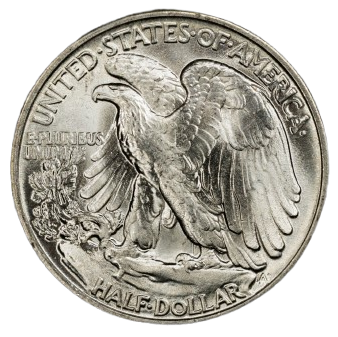 The reverse of a raw 1945 Walking Liberty Half Dollar.