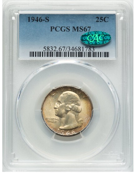 Slab shot of a CAC-Approved 1946-S Washington quarter graded an MS67 by PCGS.