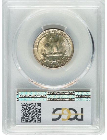 Slab shot of a CAC-Approved 1946-S Washington quarter graded an MS67 by PCGS.