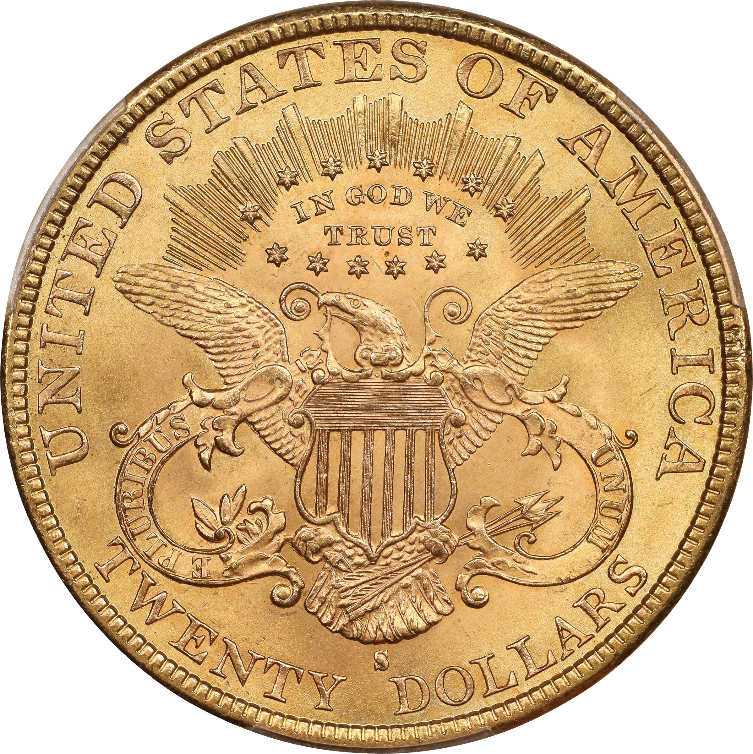 The reverse of a raw 1894-S Liberty $20 gold piece.