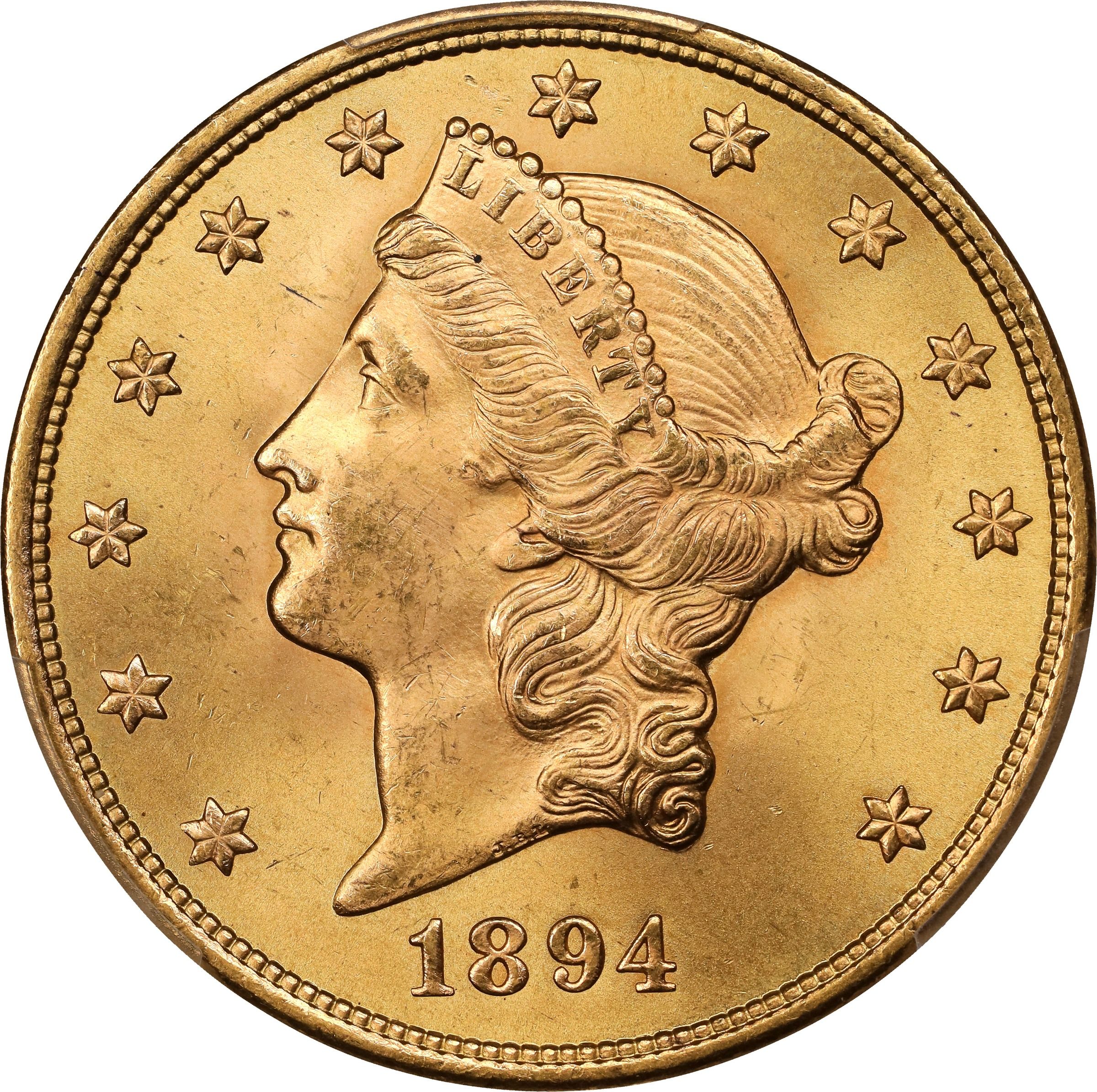 The obverse of a raw 1894-S Liberty $20