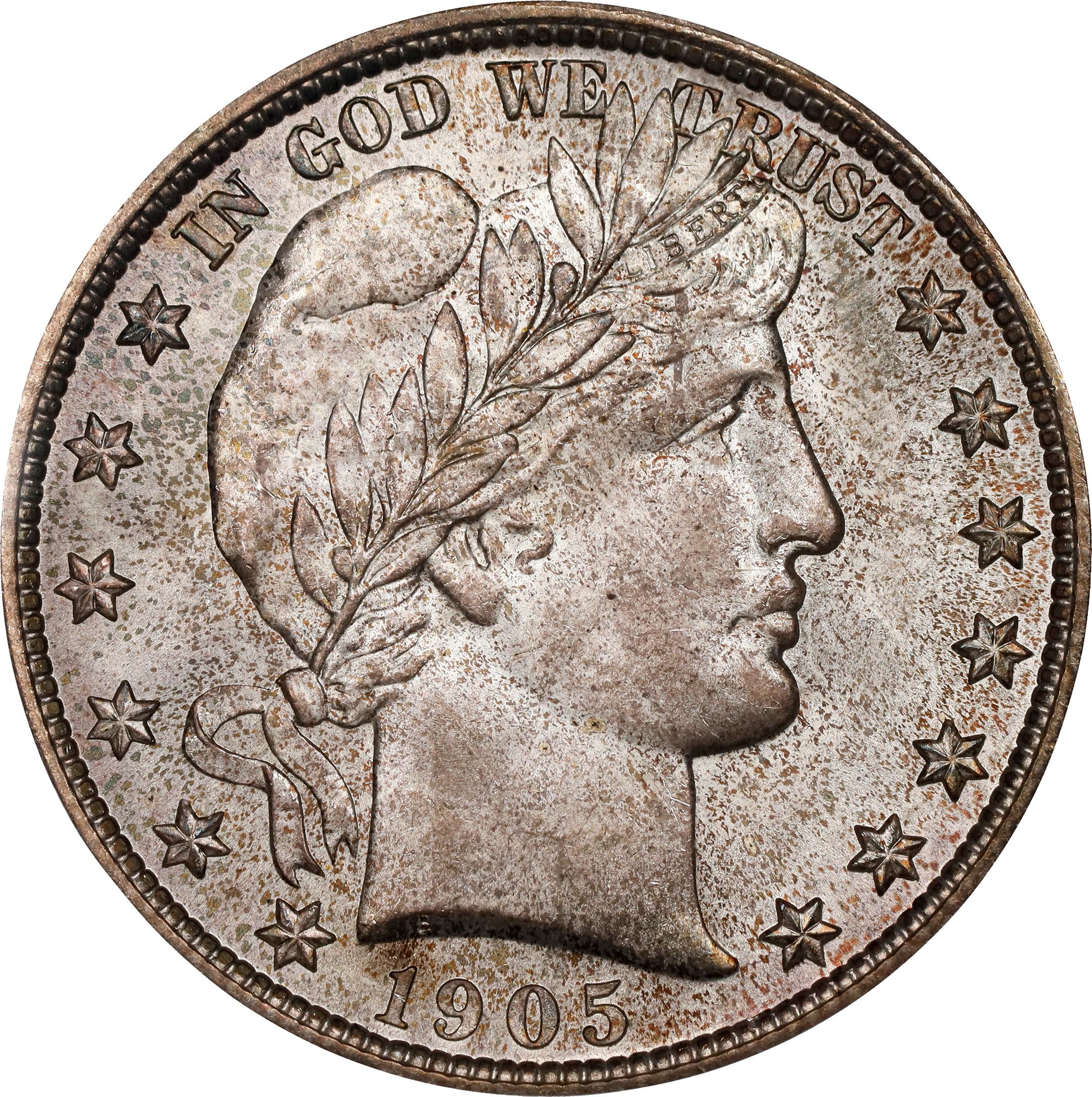 The obverse of a raw 1905 Barber half dollar.
