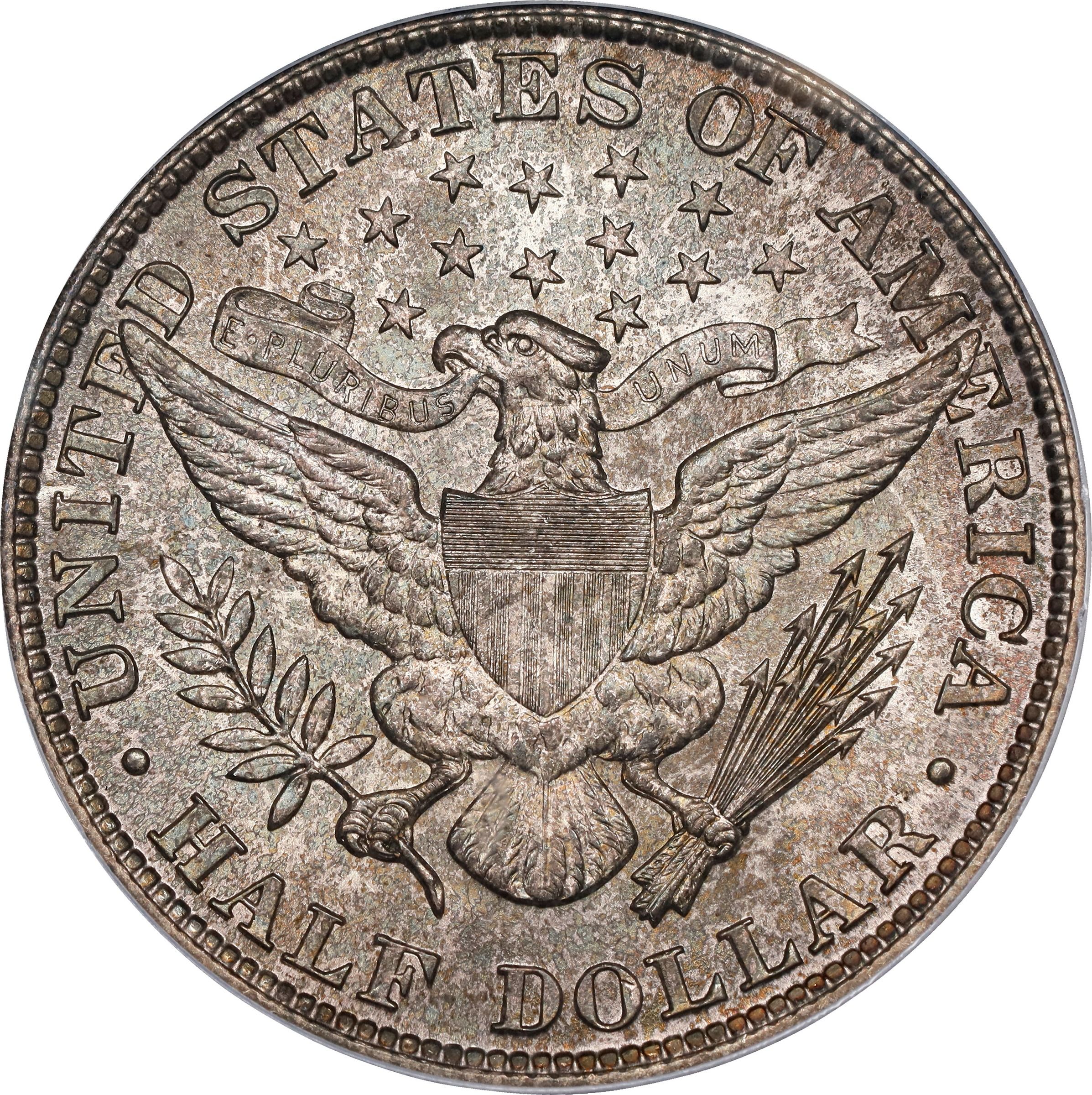 The reverse of a raw 1905 Barber half dollar.