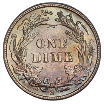 The reverse of a raw 1908-S Barber dime.