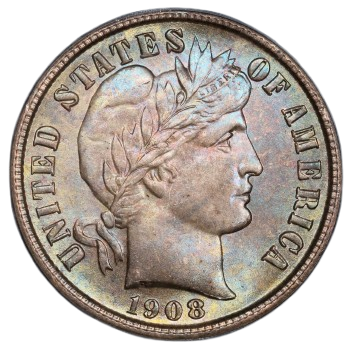 The obverse of a raw 1908-S Barber dime.