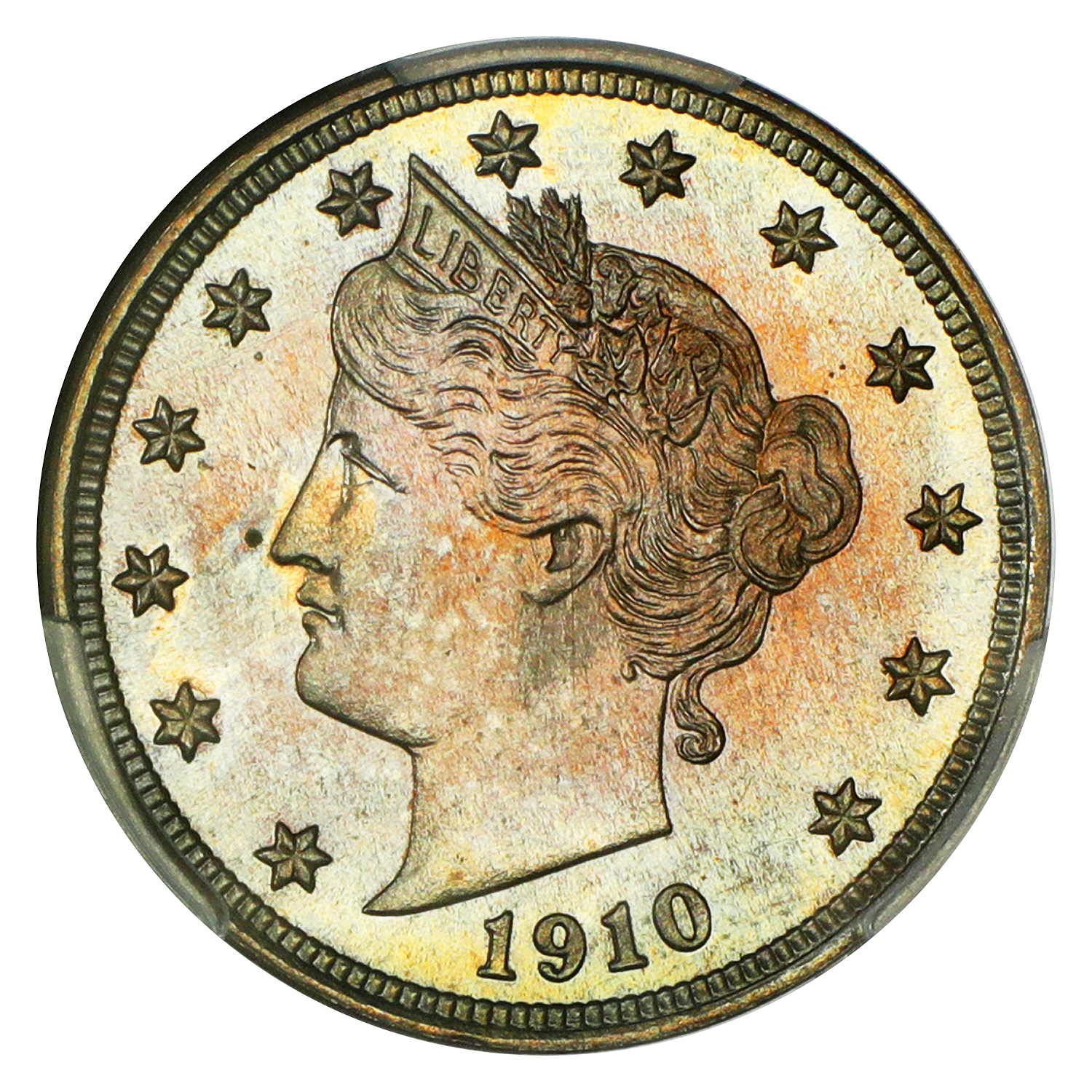 The obverse of a raw 1910 Liberty nickel.