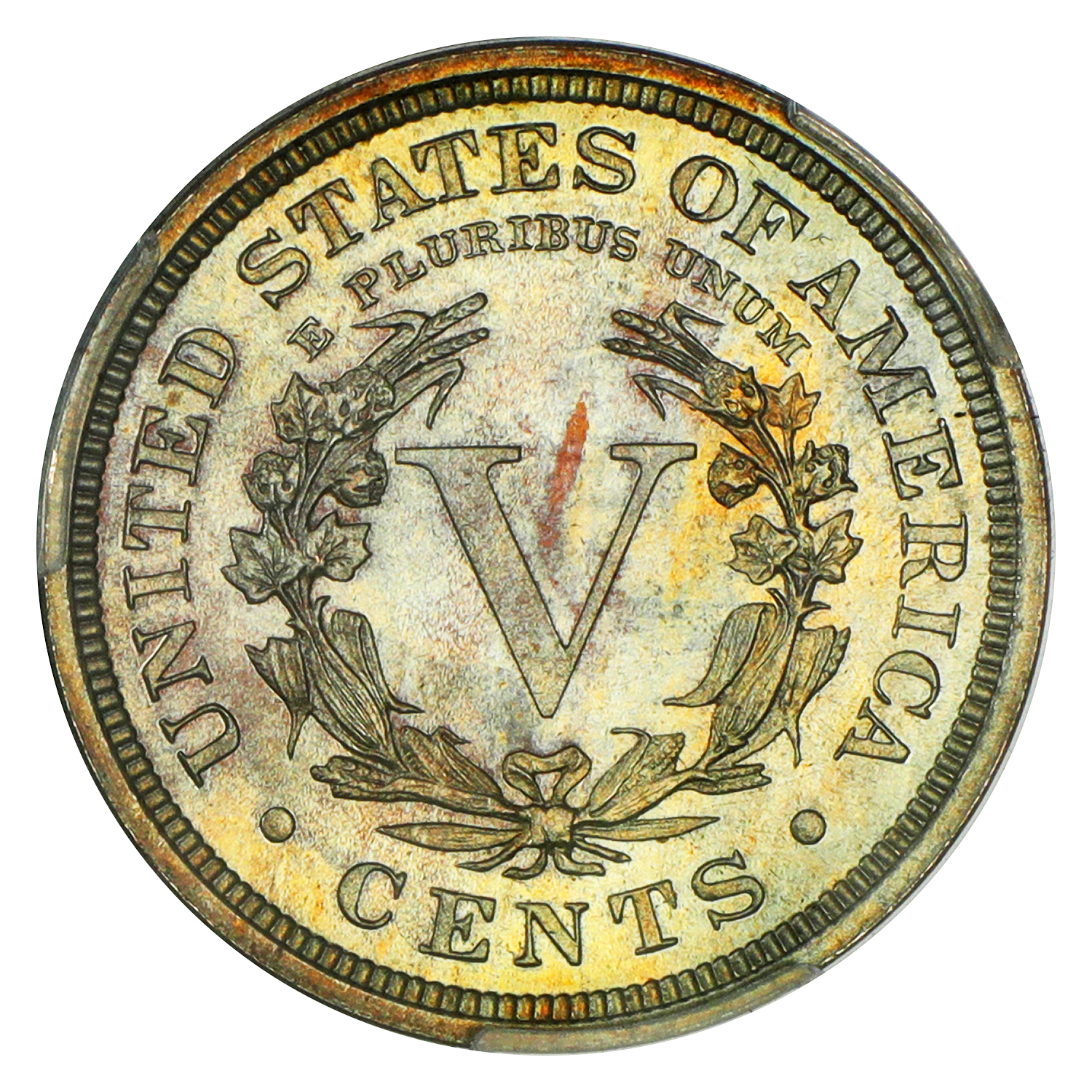The reverse of a raw 1910 Liberty nickel.