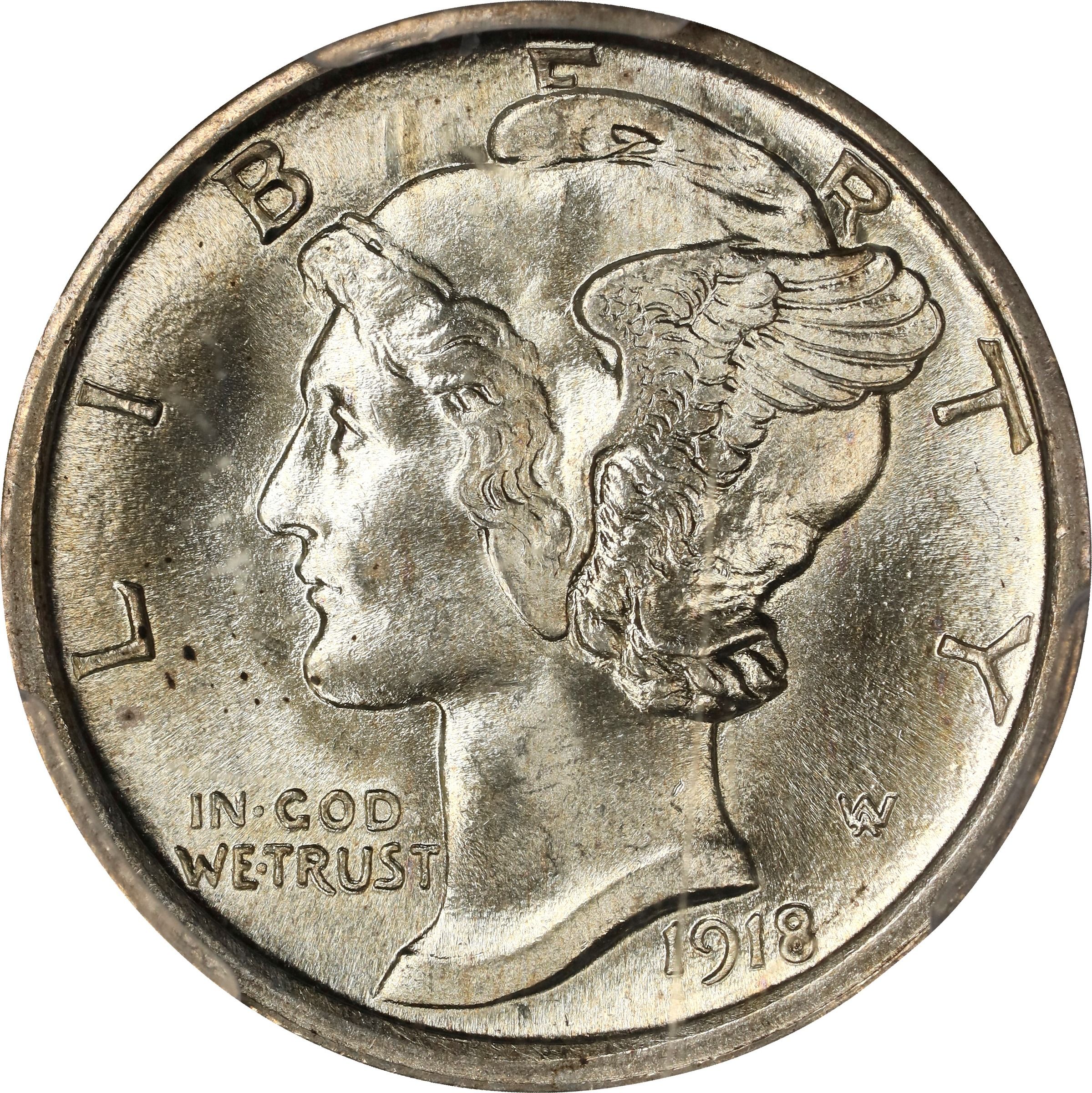 The obverse of a raw 1918-S Mercury dime with Full Bands.