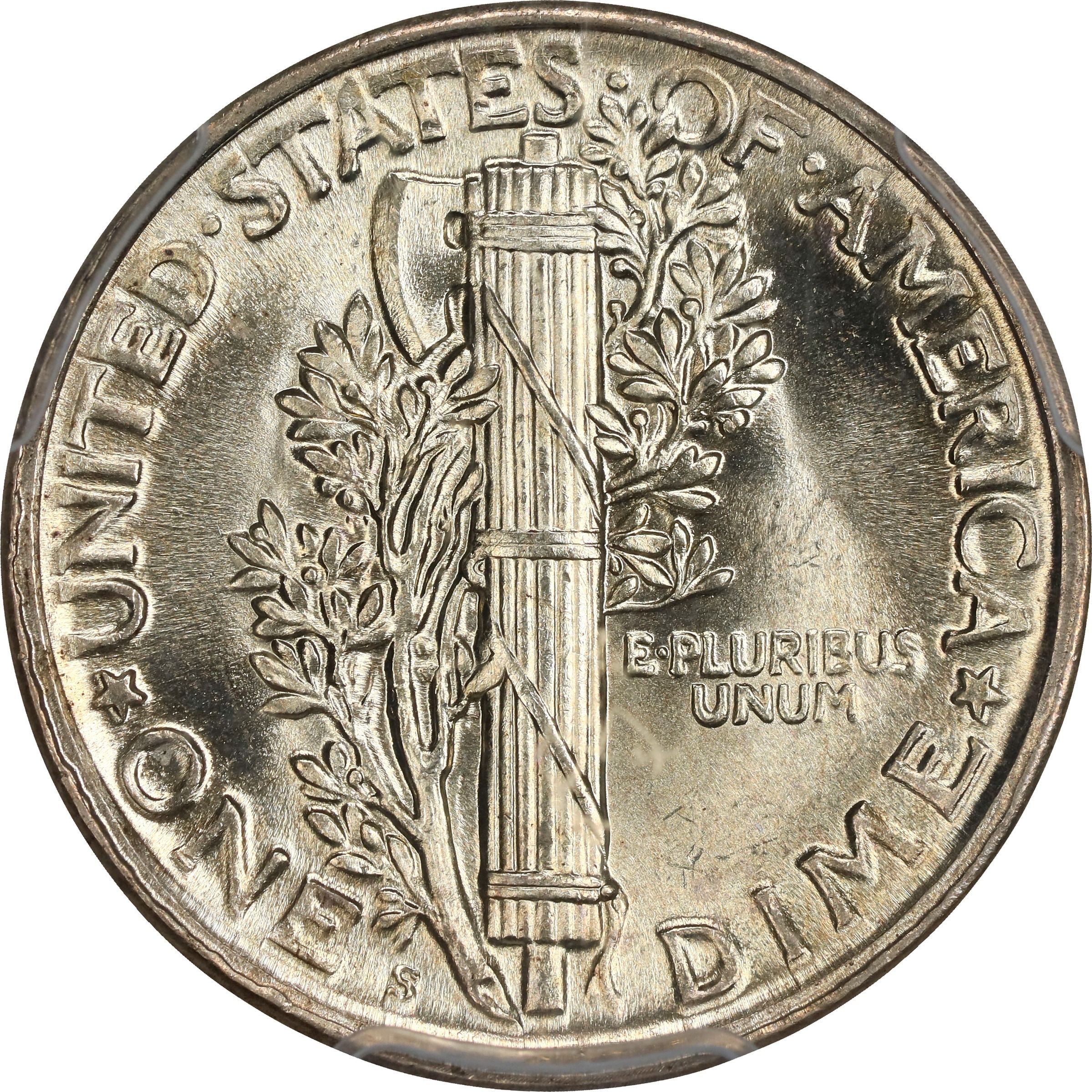 The reverse of a raw 1918-S Mercury dime with Full Bands.