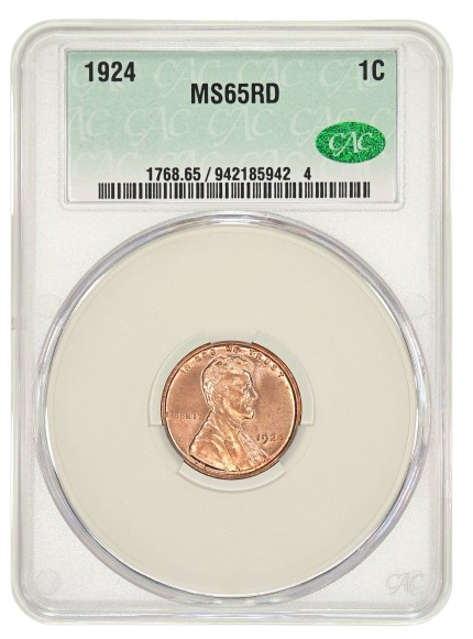 CACG obverse slab shot of a 1924 Lincoln cent graded an MS65 Red.