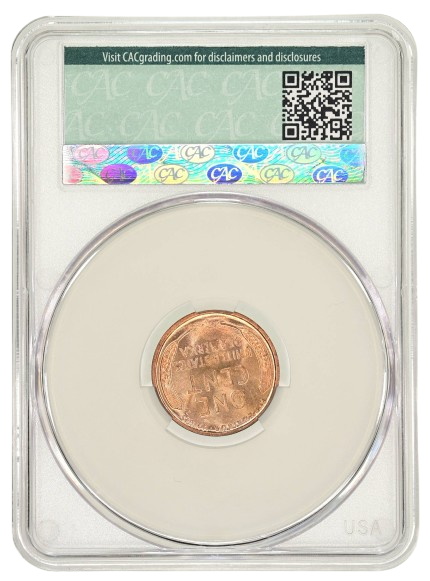 CACG reverse slab shot of a 1924 Lincoln cent graded an MS65 Red.
