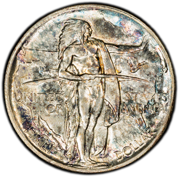 The obverse of a raw 1926-S Oregon commemorative half.