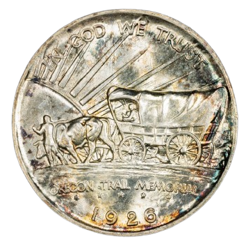 The reverse of a raw 1926-S Oregon commemorative half.