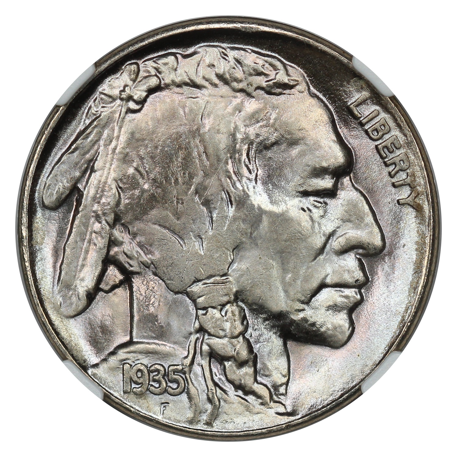 The obverse of a raw 1935-s Buffalo nickel.