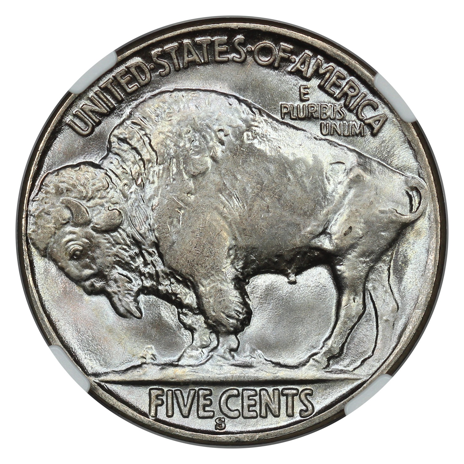 The reverse of a raw 1935-S Buffalo nickel.