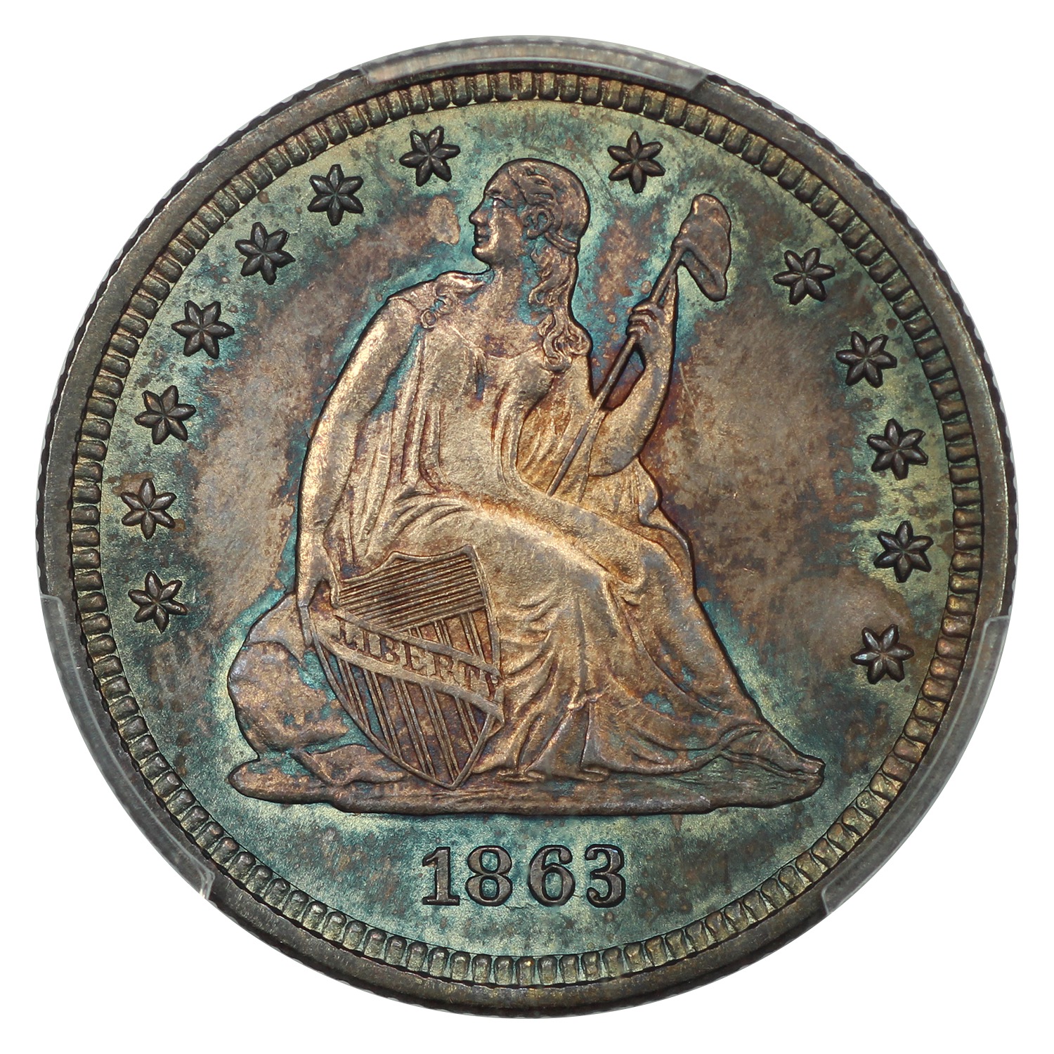 The obverse of a raw 1863 Liberty Seated quarter.
