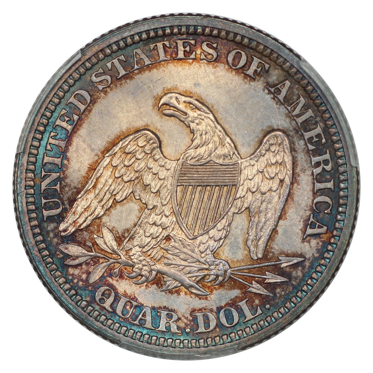 The reverse of a raw 1863 Liberty Seated quarter.