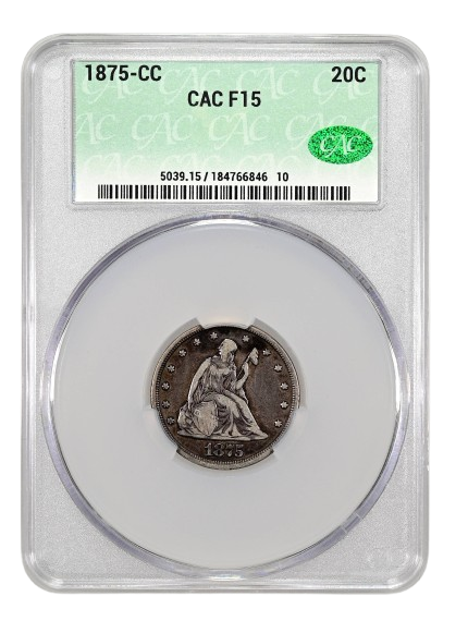 The obverse slab shot of a 1875-CC twenty-cent piece graded a Fine 15 by CAC Grading.