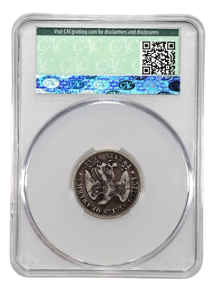 The reverse slab shot of a 1875-CC twenty-cent piece graded a Fine 15 by CAC Grading.