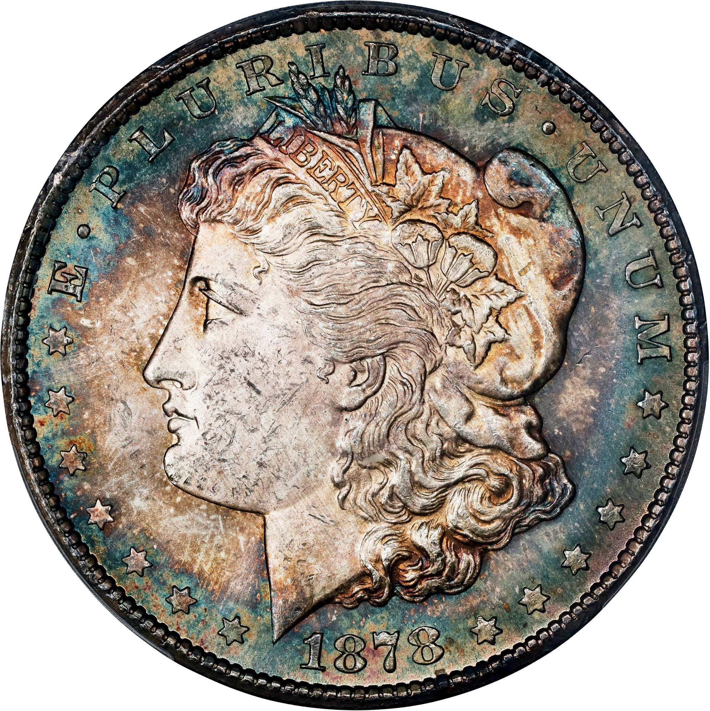 The obverse of a raw 1878-CC Morgan dollar.