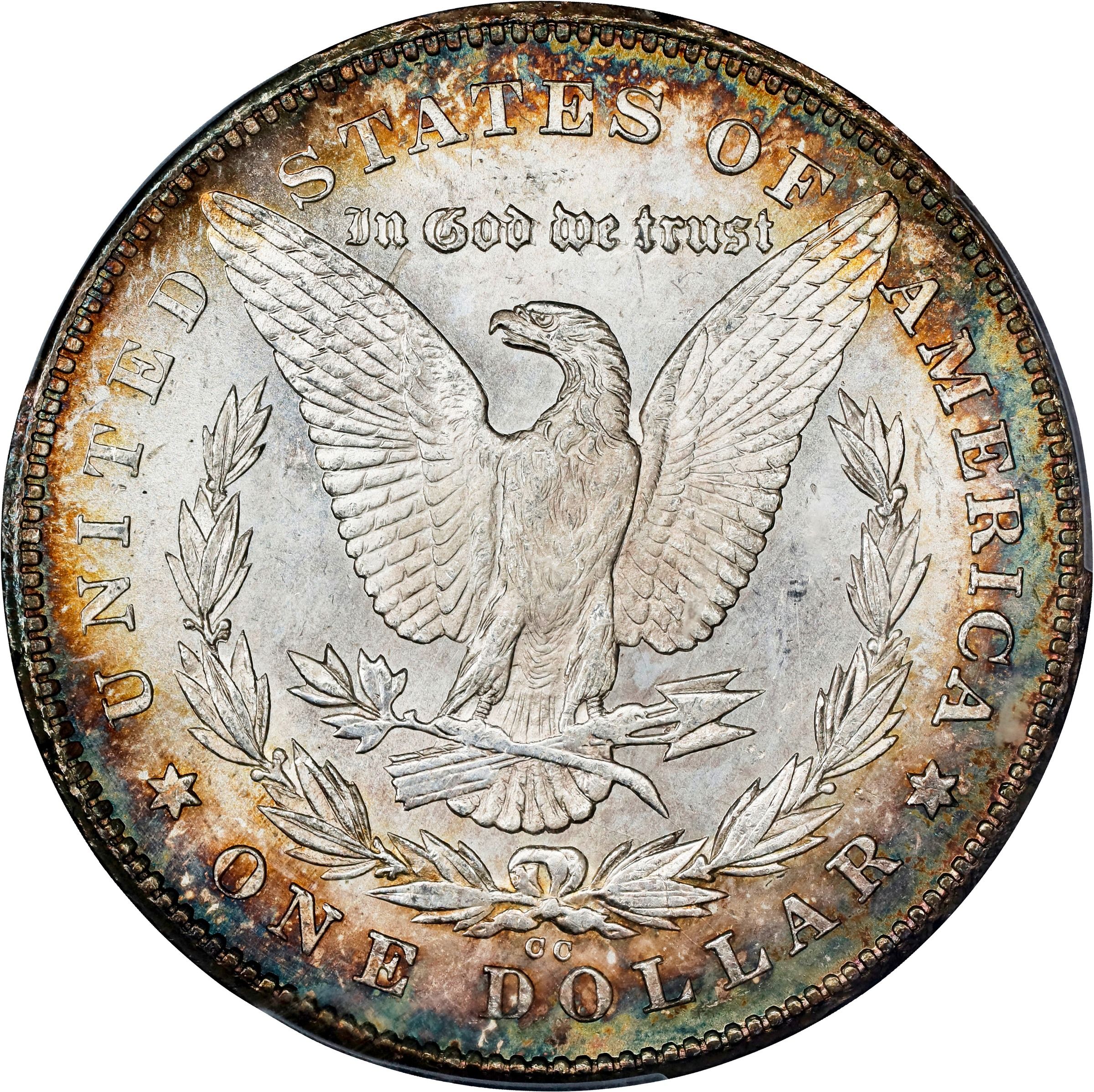 The reverse of a raw 1878-CC Morgan dollar.