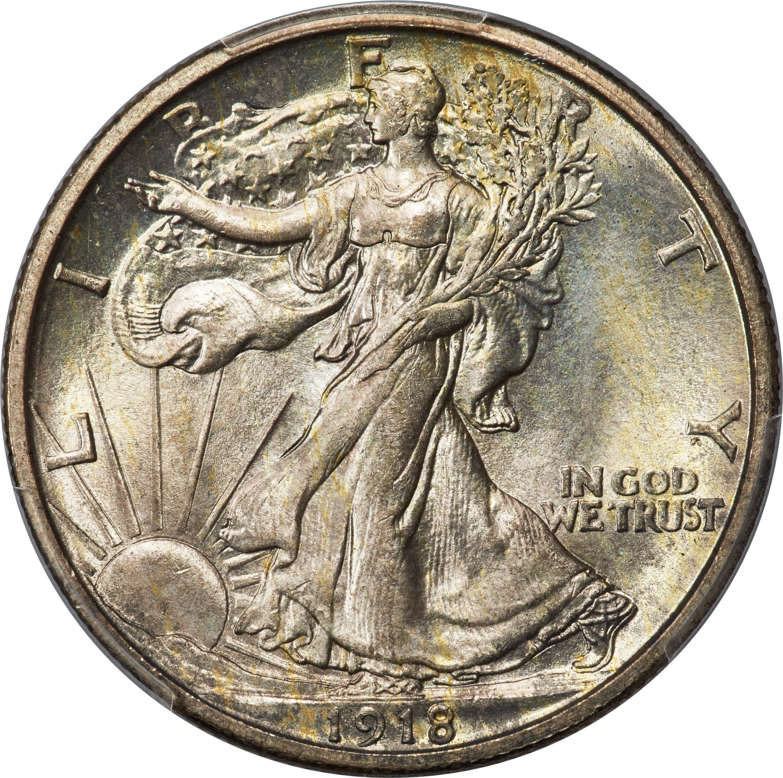 The obverse of a raw 1918 Walking Liberty half dollar.