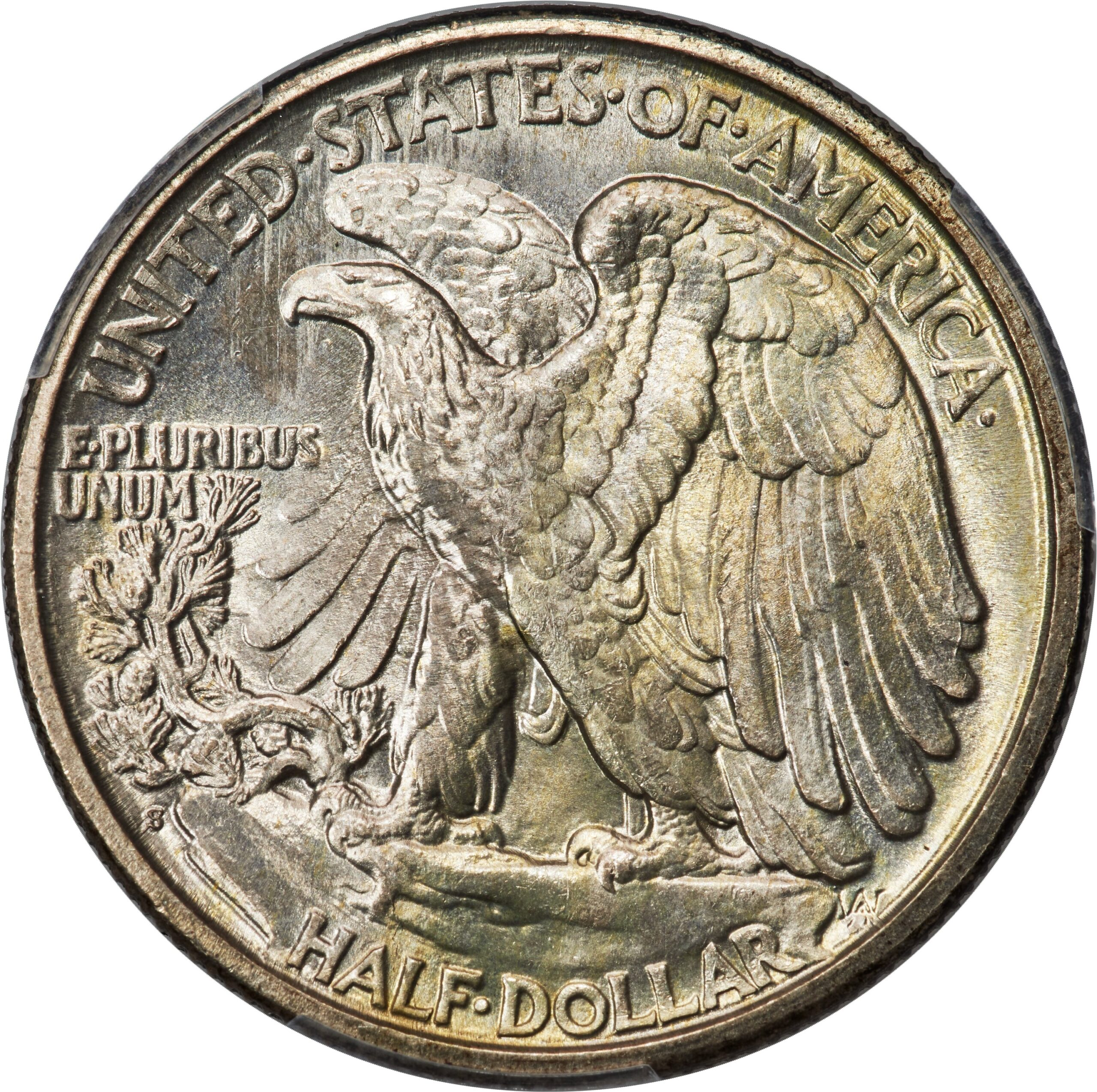 The reverse of a raw 1918 Walking Liberty half dollar.